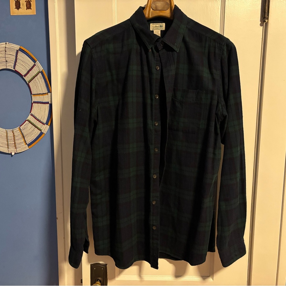 L.L. Bean Dark Green and Navy Black Watch Plaid Flannel Shirt size Large Tall